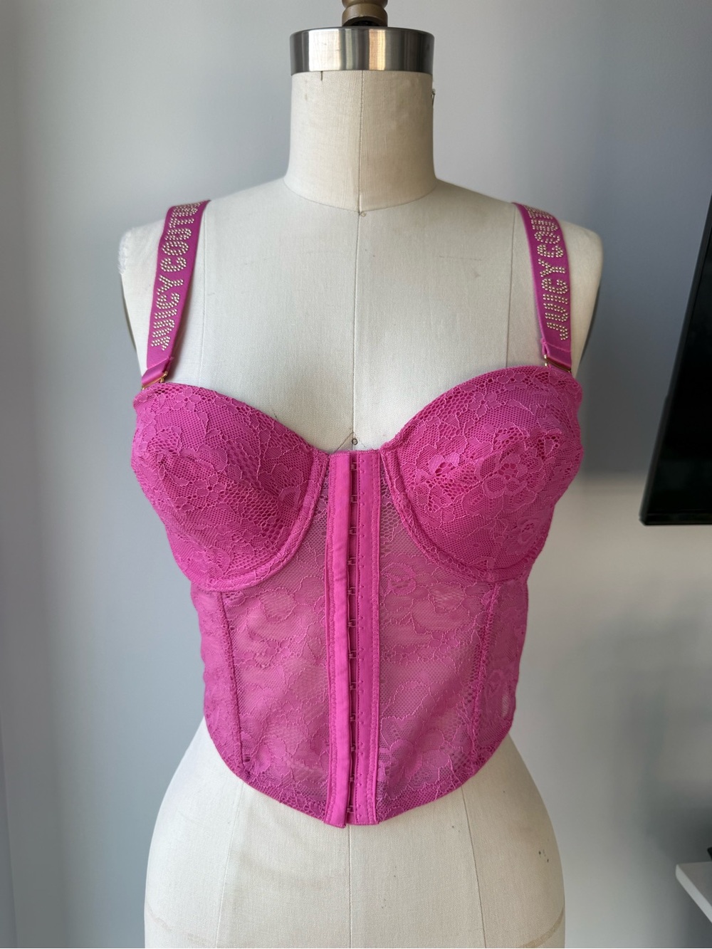 Juicy Couture Hot Pink Lace Bustier with Embellished Straps